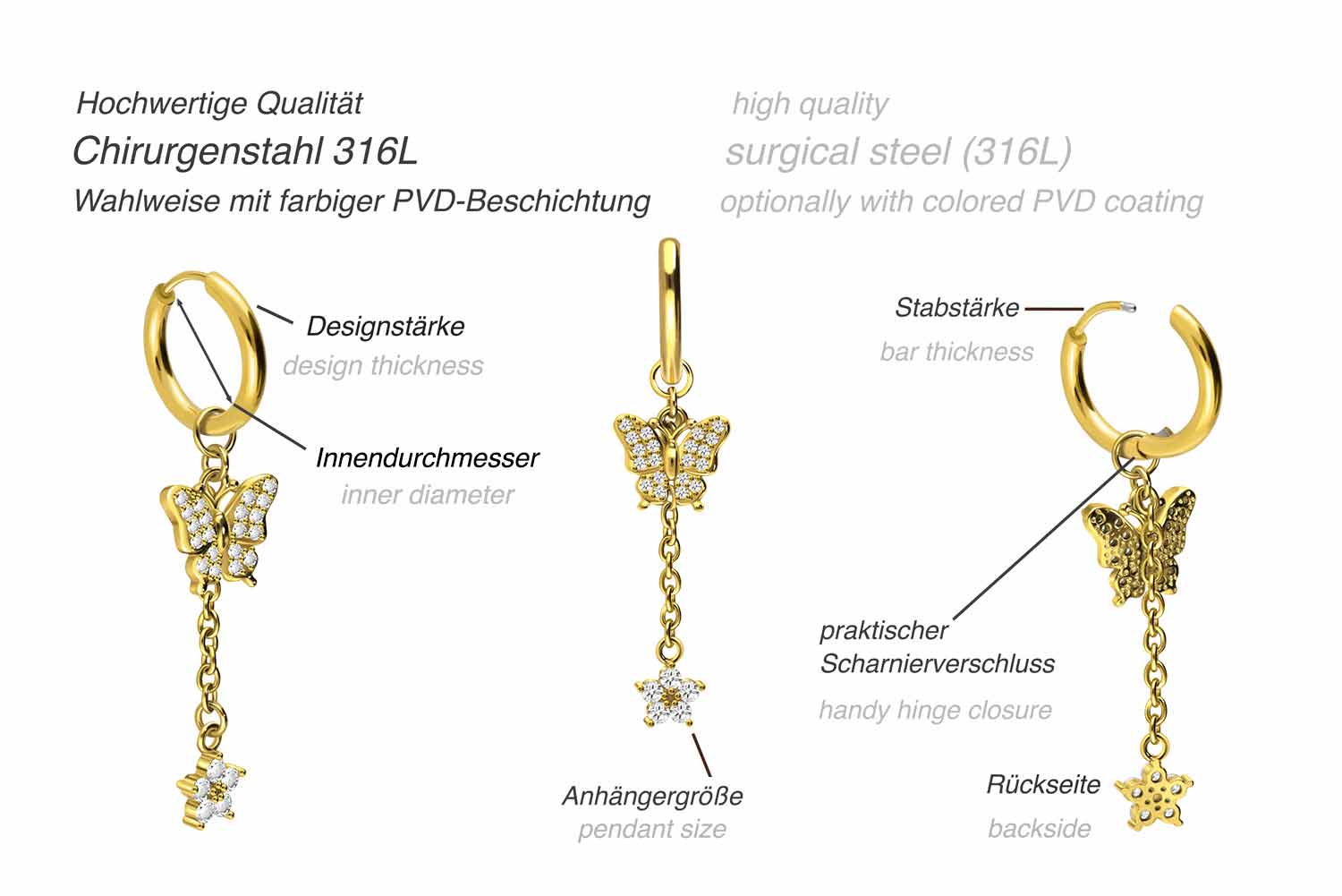 Surgical steel ear clicker creoles CRYSTAL BUTTERFLY + CRYSTAL FLOWER