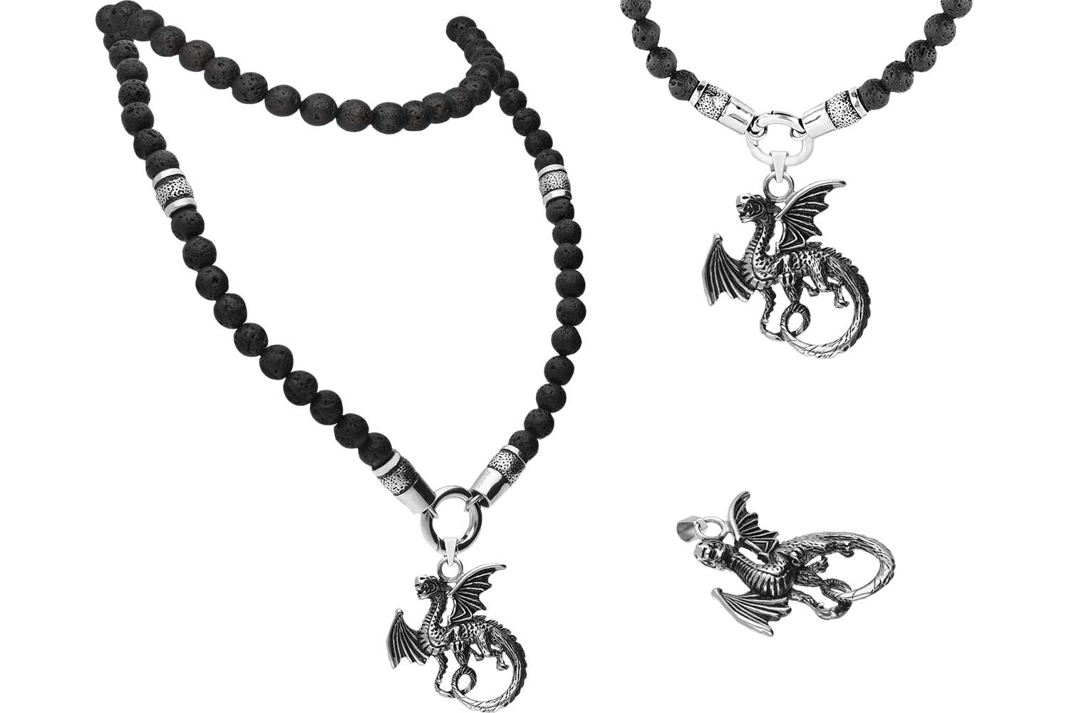 SET Lava stone ball chain + surgical steel pendant DRAGON