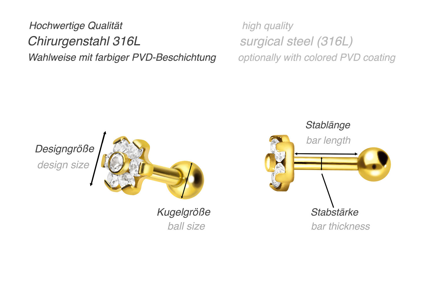 Chirurgenstahl Ohrpiercing BLUME MIT 7 KRISTALLEN