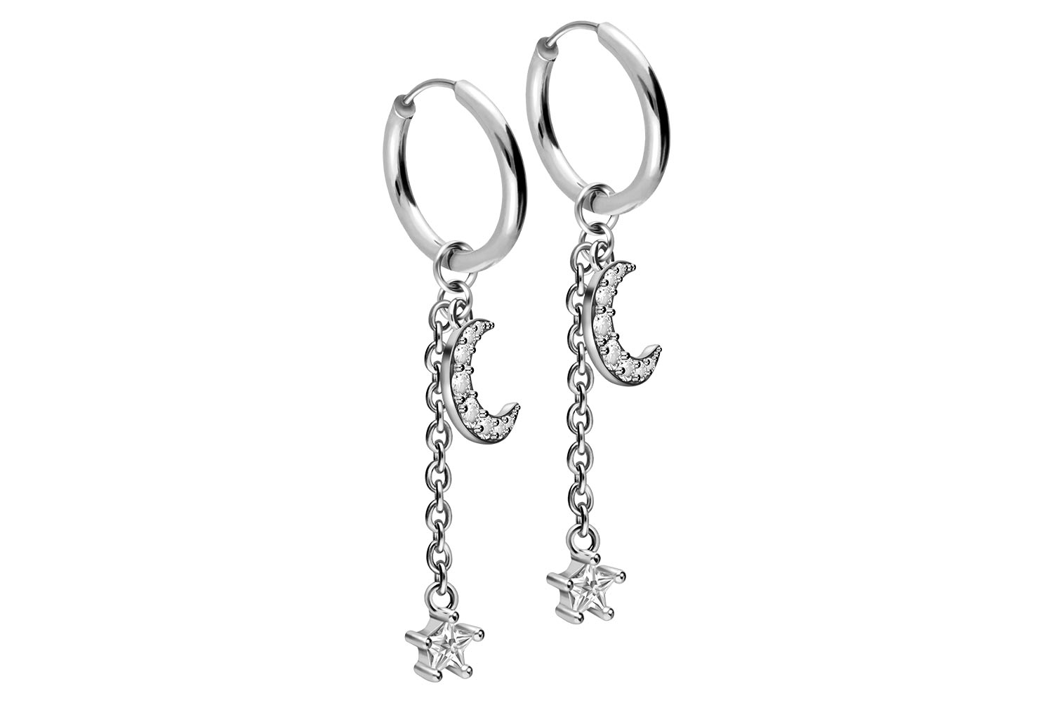 Surgical steel ear clicker creoles CRYSTAL MOON + CRYSTAL STAR