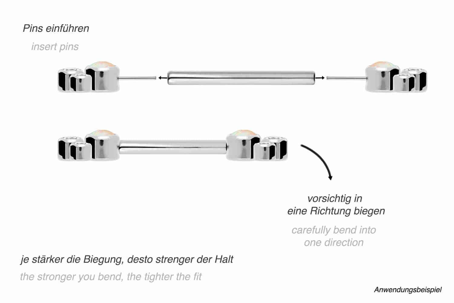 Titanium barbell with push pin SYNTHETIC OPAL + 3 CRYSTALS