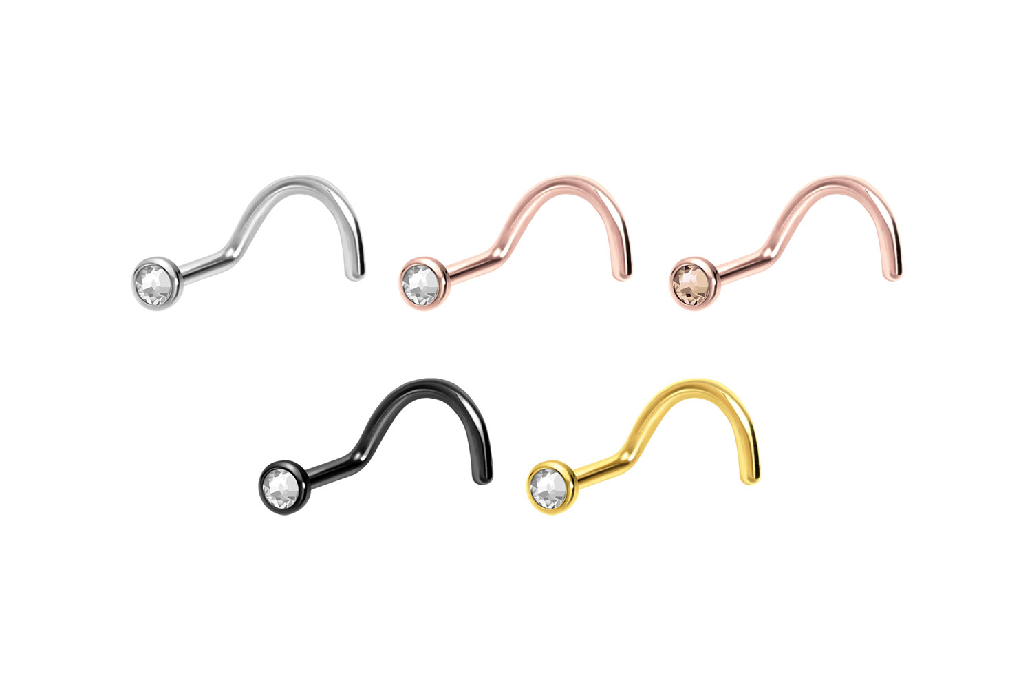 SET Surgical steel nose stud spiral FLAT CRYSTAL DISC