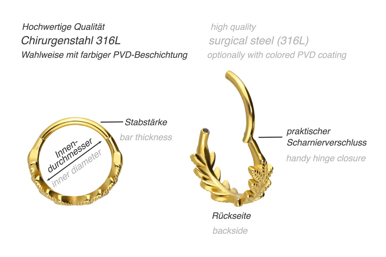 Surgical steel segment ring clicker LEAF WREATH