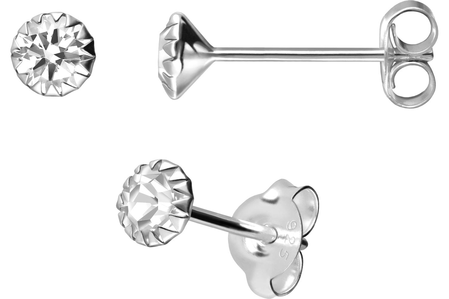 925 silver ear studs PLATINIZED + ROUND CRYSTAL