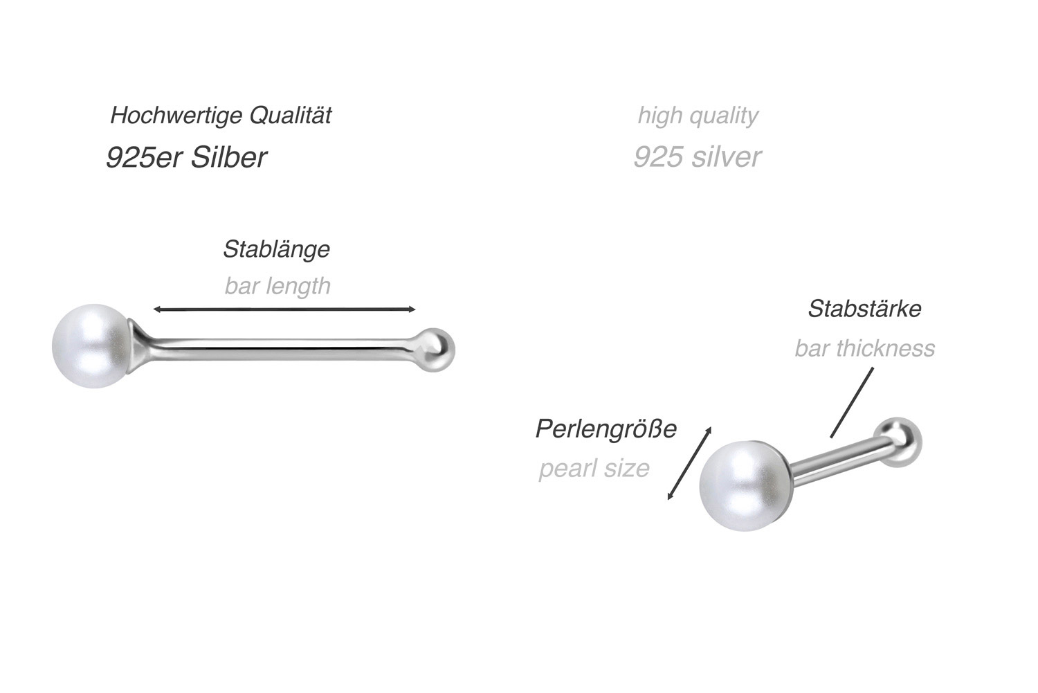 SET 925er Silber Nasenstecker Pin SYNTHETISCHE PERLE