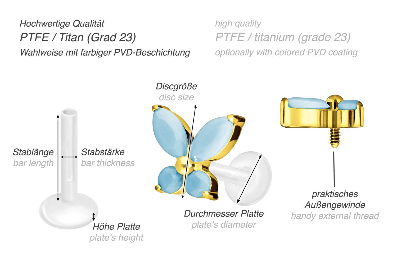 PTFE labret with internal thread + titanium attachment BUTTERFLY + TURQUOISES