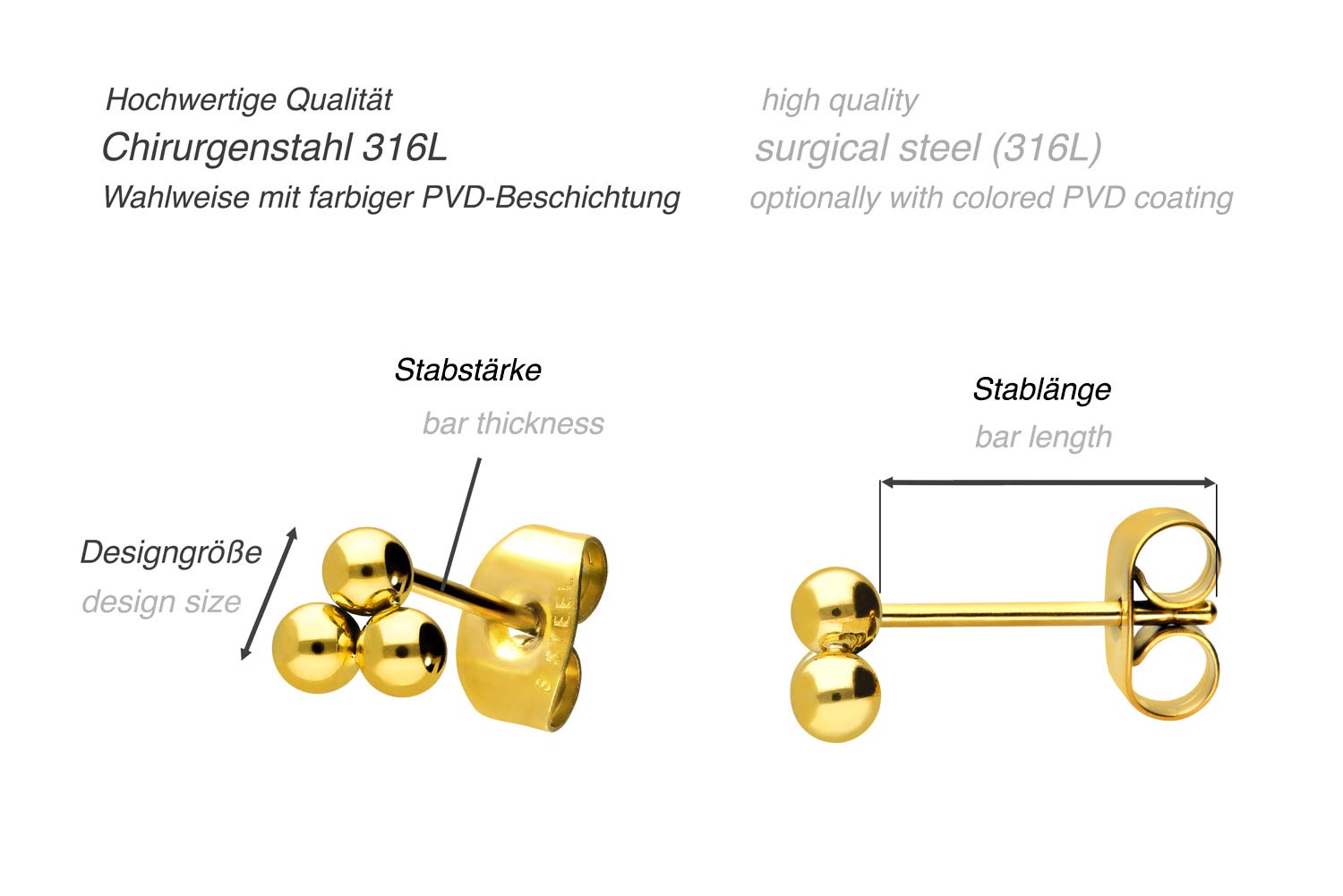 Surgical steel ear studs 3 BALLS