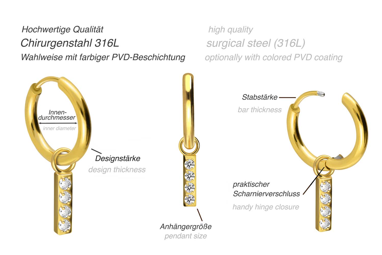 Surgical steel ear clicker creoles CRYSTAL BAR