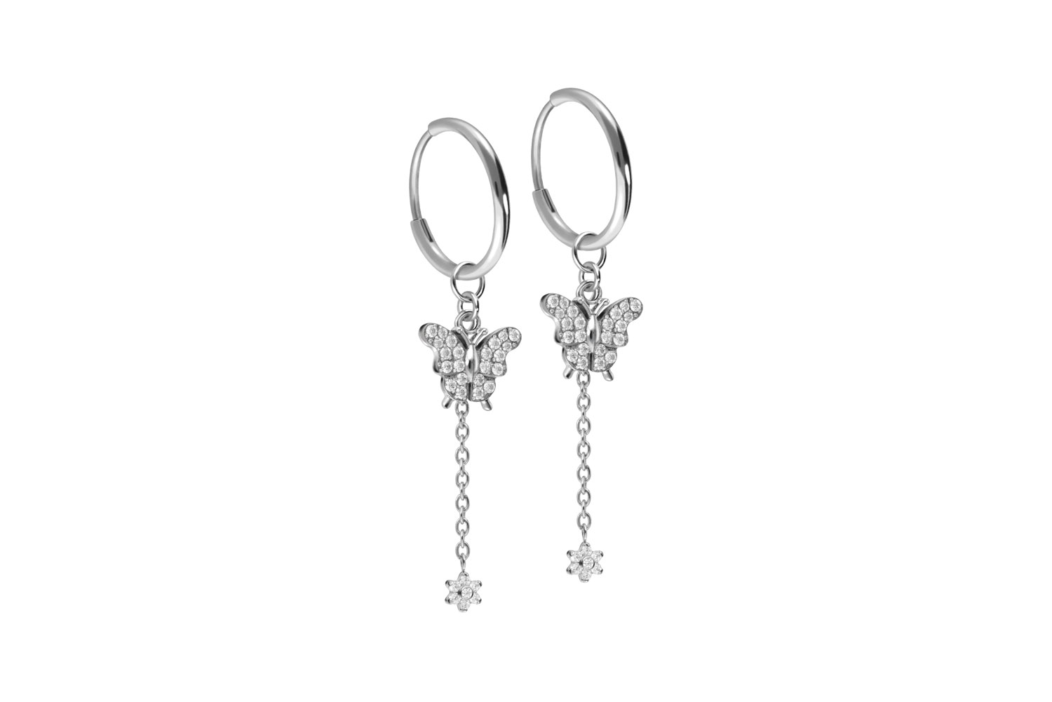 Titanium ear clicker creoles CRYSTAL BUTTERFLY + CRYSTAL FLOWER