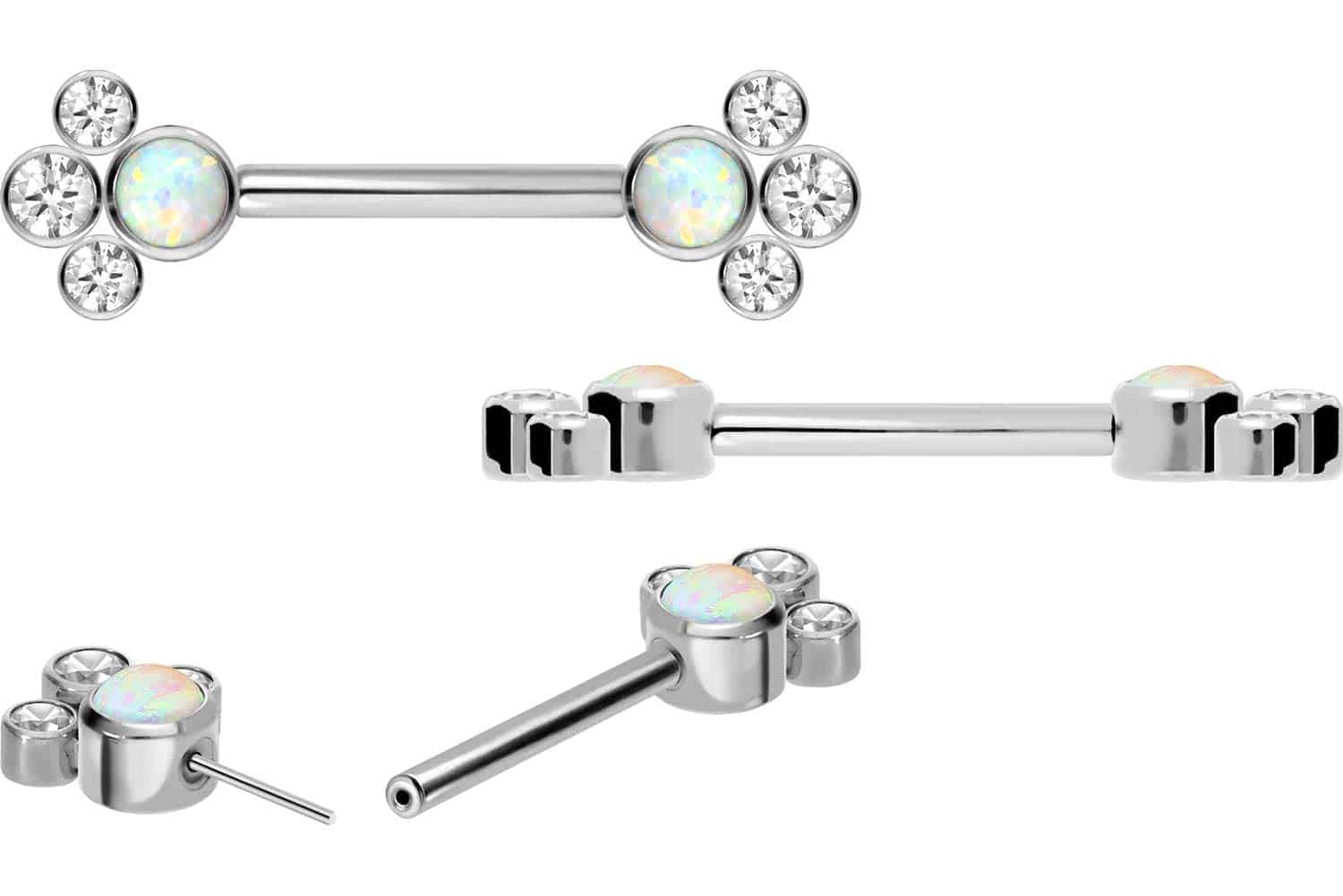 Titanium barbell with push pin SYNTHETIC OPAL + 3 CRYSTALS