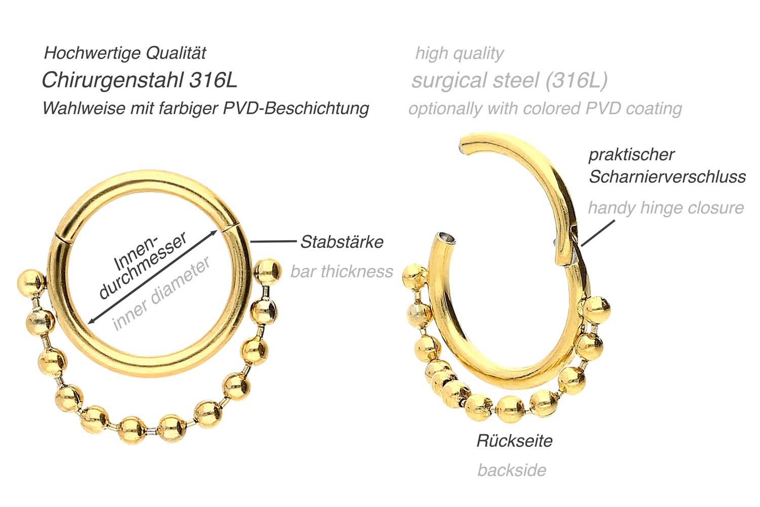 Surgical steel segment ring clicker BALL CHAIN