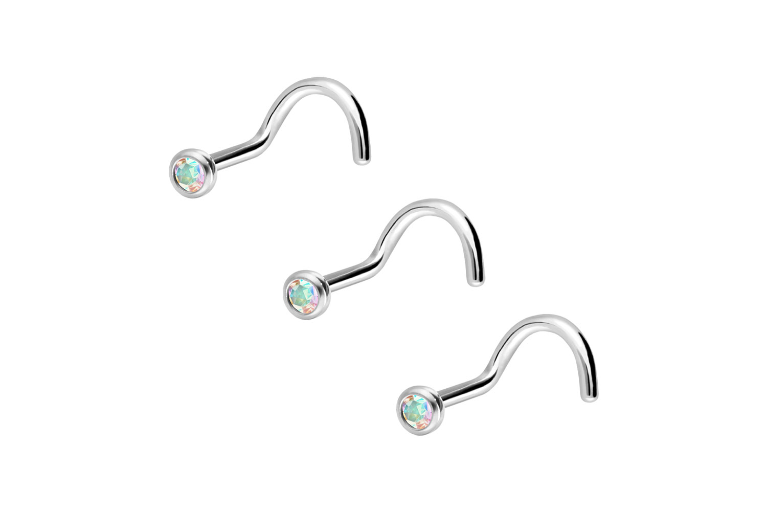 Set of 3 Surgical steel nose stud spiral CRYSTAL