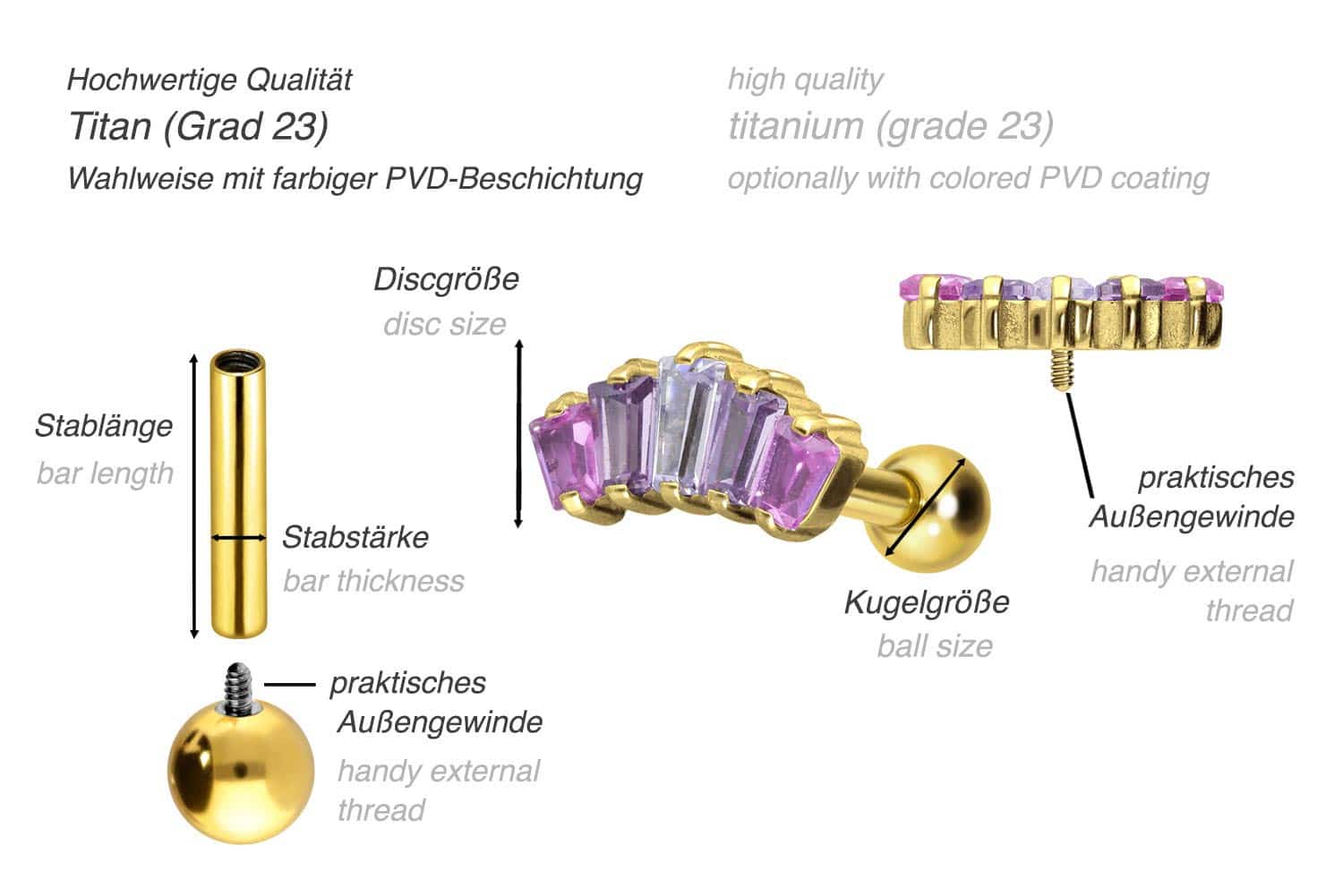 Titanium ear piercing with internal thread 5 SETTED CRYSTAL RECTANGLES