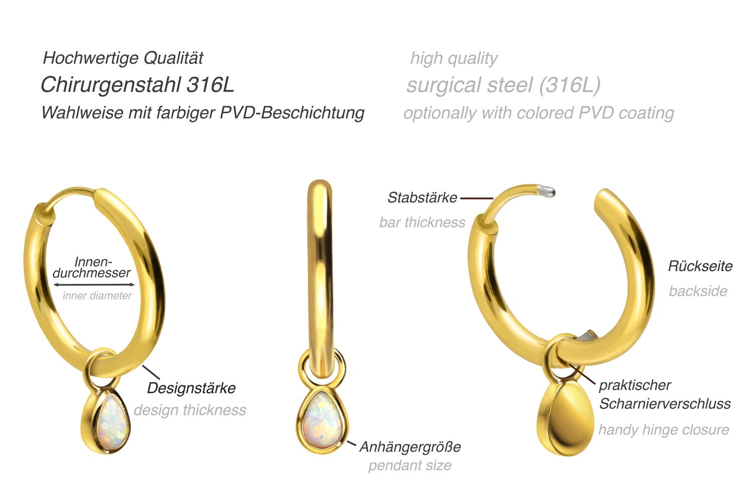 Chirurgenstahl Ohrclicker Creolen SYNTHETISCHER OPALTROPFEN