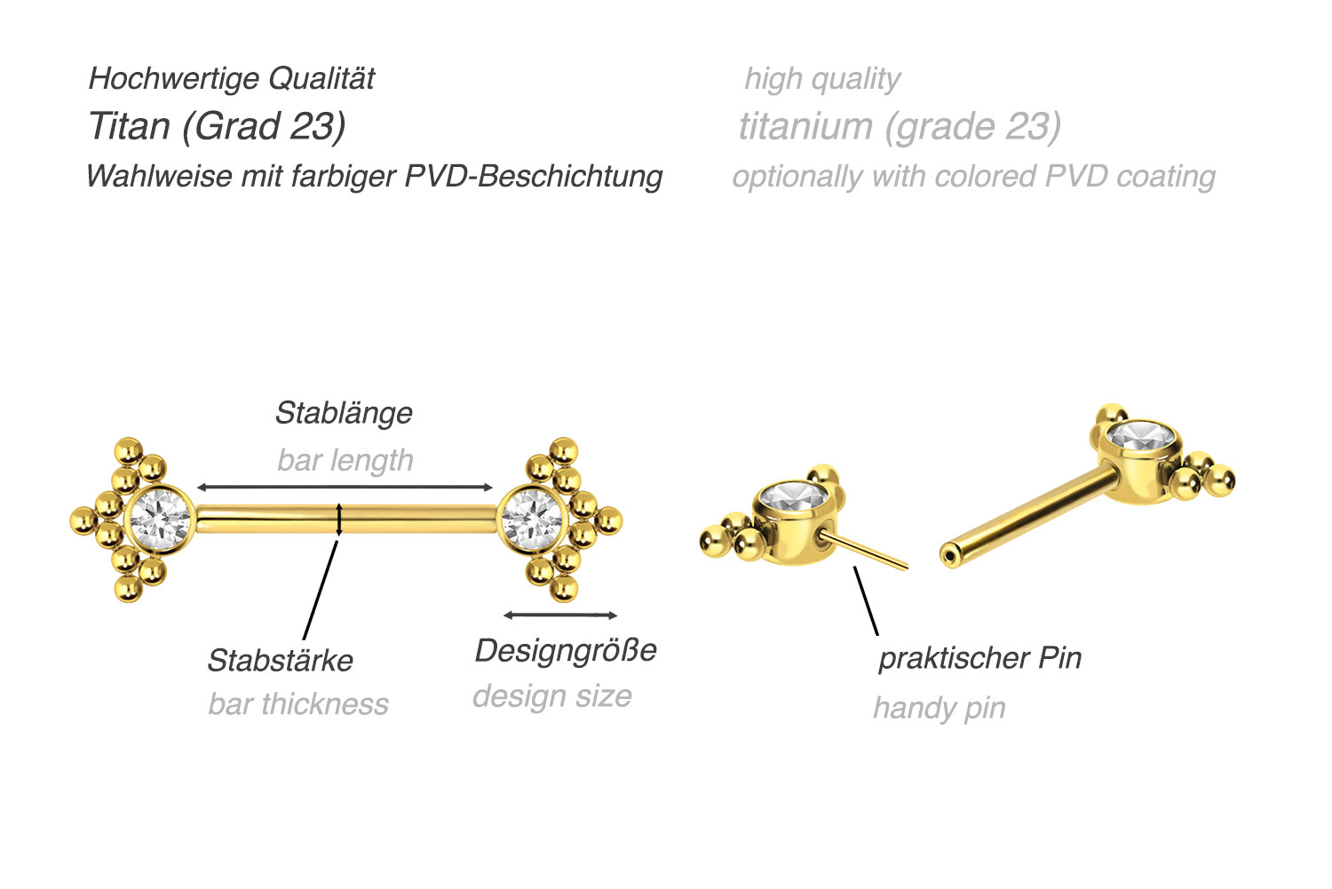 Titanium barbell with push fit CRYSTAL + 3 SPHERICAL TRIANGLES
