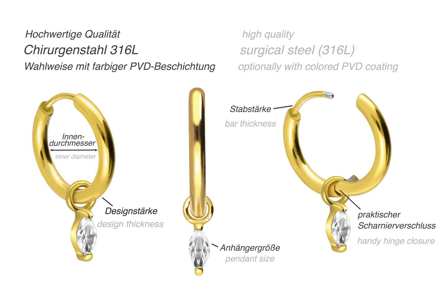 Chirurgenstahl Ohrclicker Creolen EINGEFASSTER OVALER KRISTALL