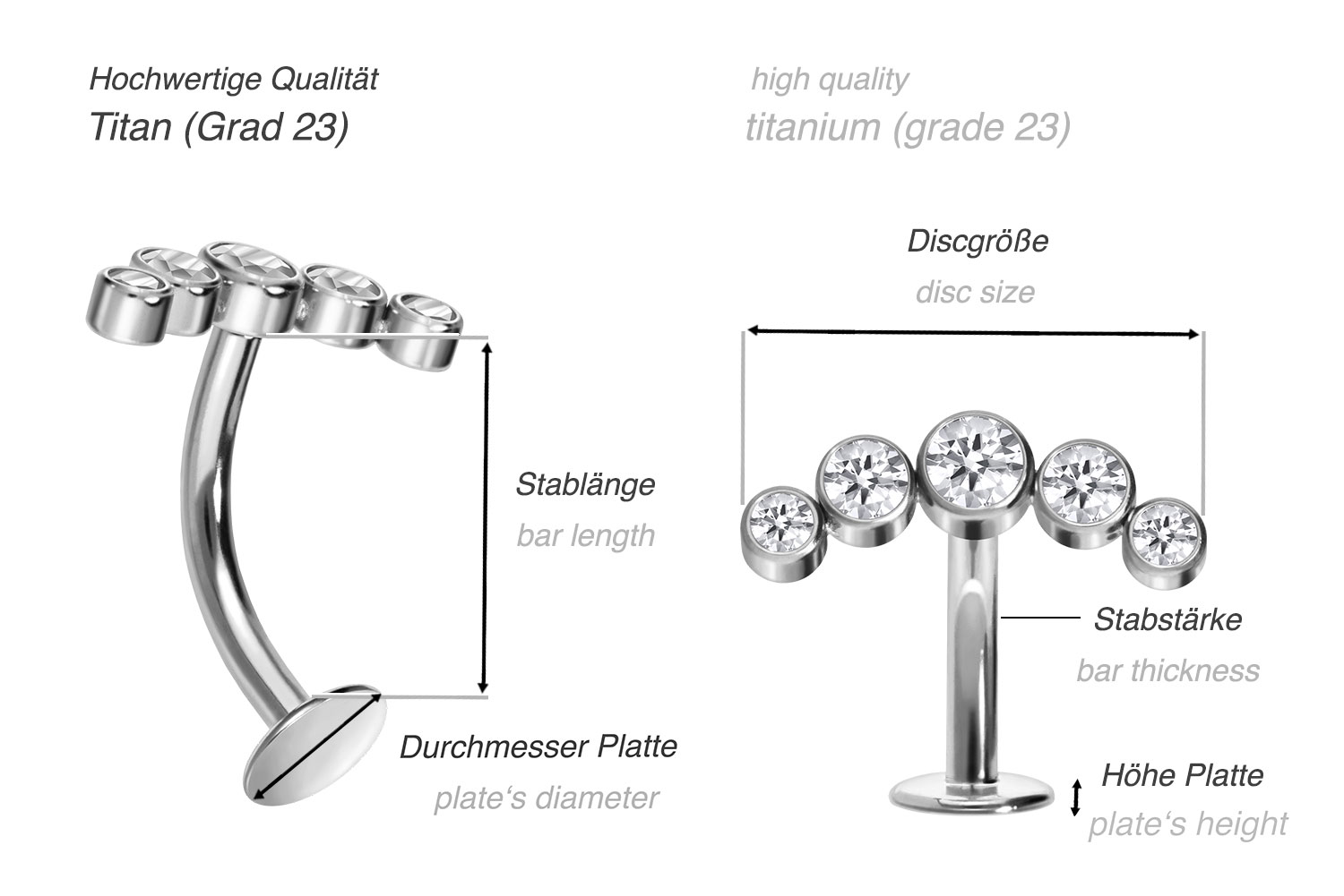 Titan Bauchnabel Labret gebogen mit Push Fit 5 KRISTALLE