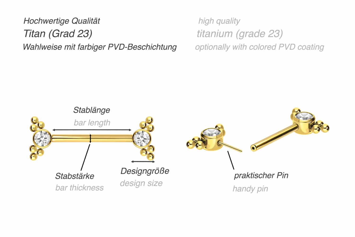 Titanium barbell with push fit CRYSTAL + 2 SPHERICAL TRIANGLES