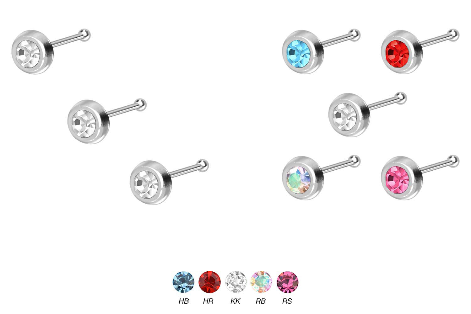 SET 925 silver nose stud pin ROUND CRYSTAL