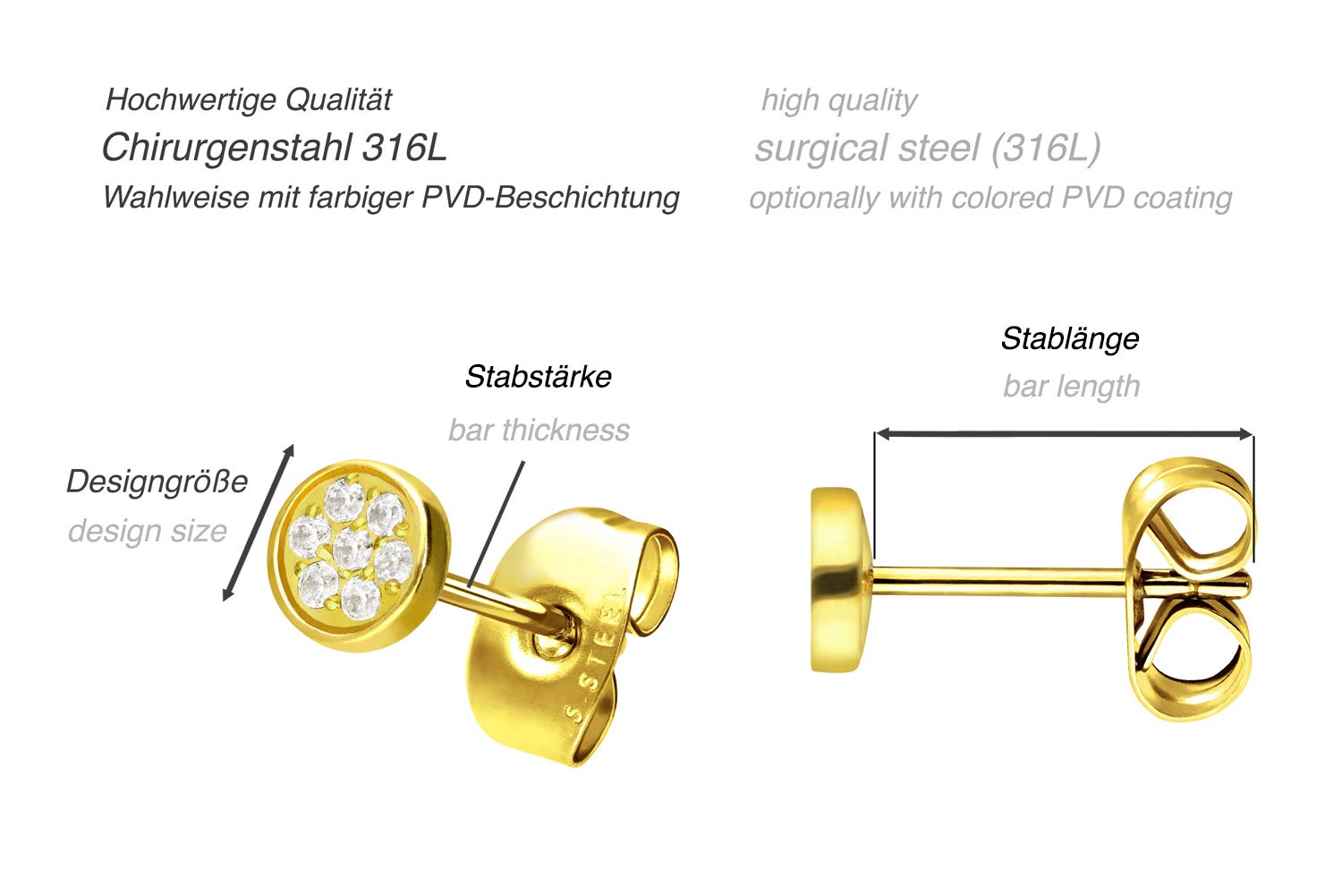 Chirurgenstahl Ohrstecker DISC + EINGEFASSTE KRISTALLE