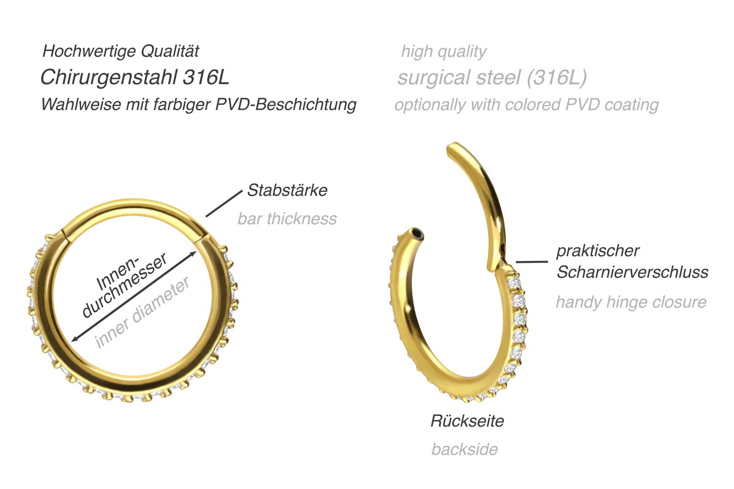 Chirurgenstahl Segmentring Clicker EINGEFASSTE KRISTALLE ++Neues Design++