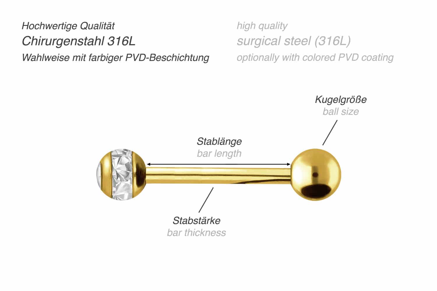 Surgical steel barbell EPOXY RING BALL + CRYSTAL + SURGICAL STEEL BALL