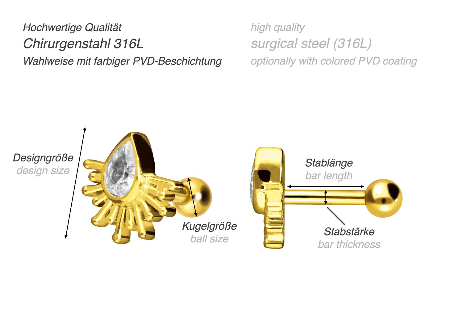 Chirurgenstahl Ohrpiercing KRISTALLTROPFEN + SONNENSTRAHLEN