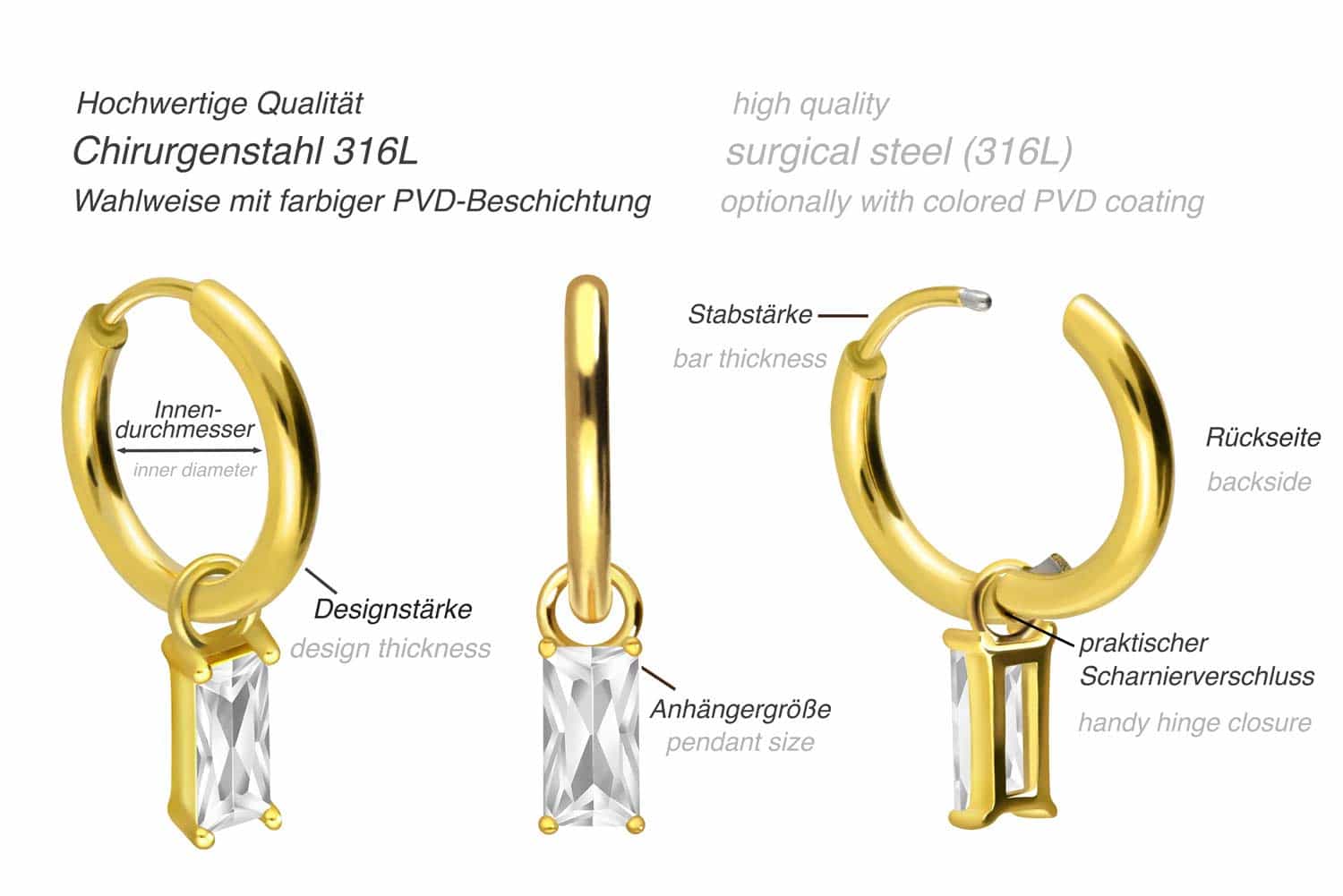 Surgical steel ear clicker creoles SETTED CRYSTAL RECTANGLE