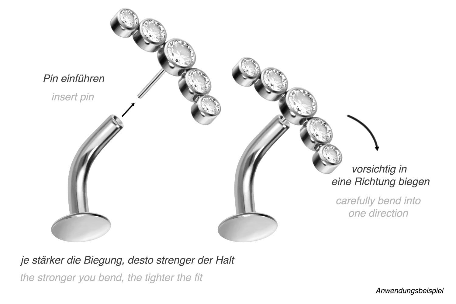 Titan Bauchnabel Labret gebogen mit Push Fit 5 KRISTALLE