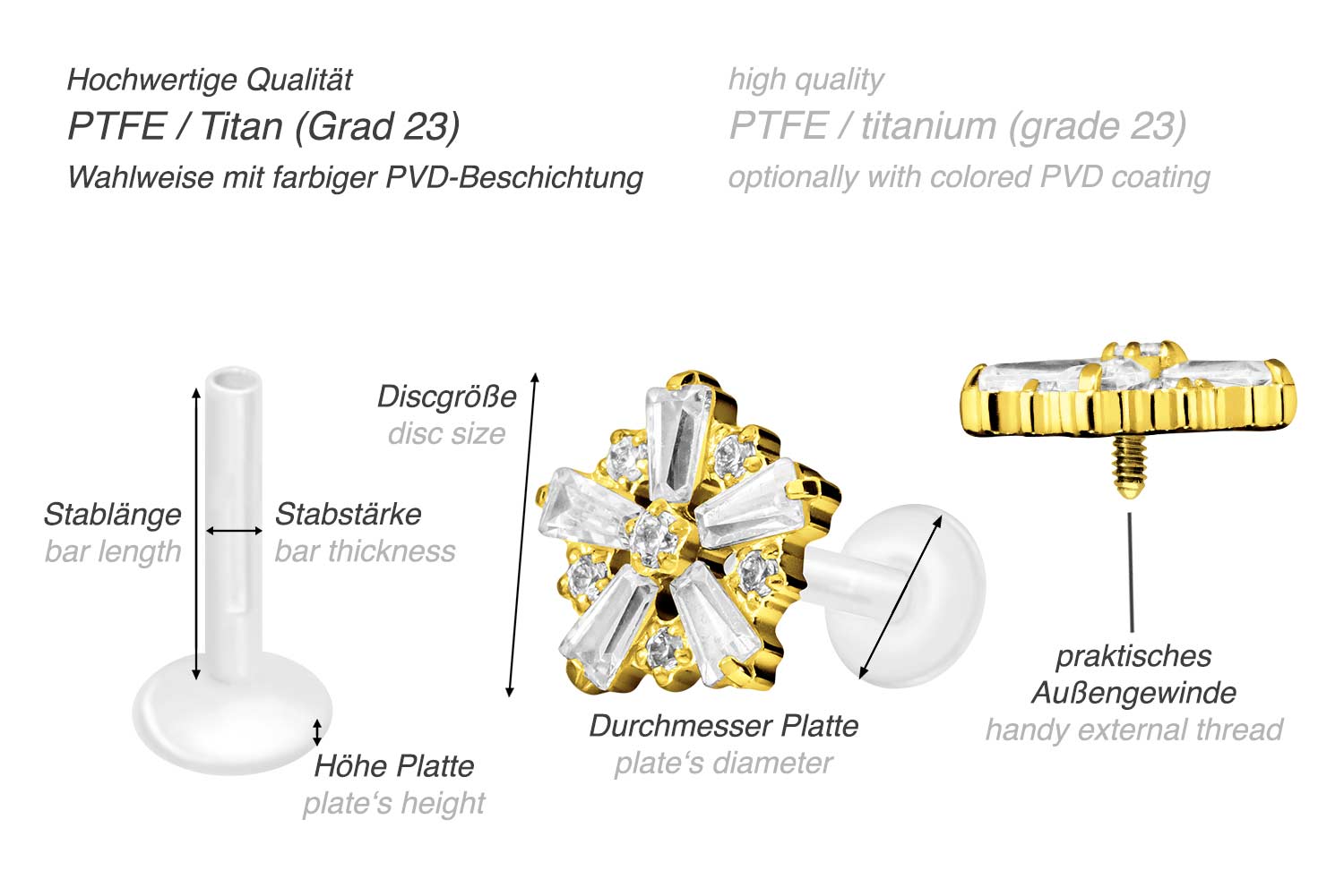 PTFE labret with internal thread + titanium attachment SNOWFLAKE