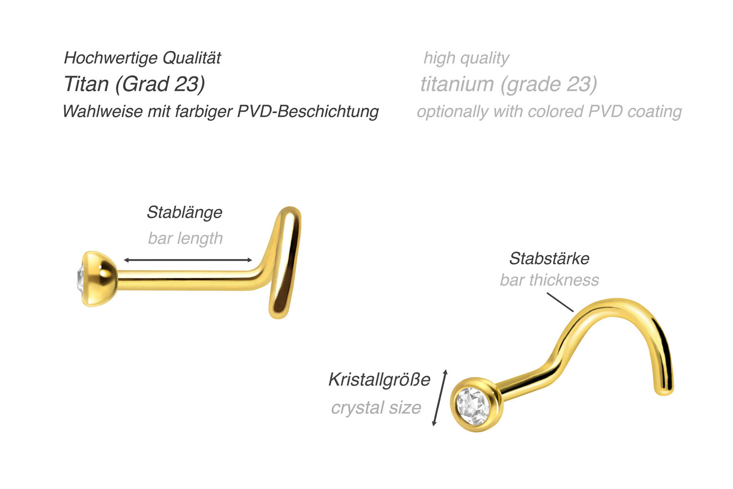 3er Set Titan Nasenstecker Spirale KRISTALL