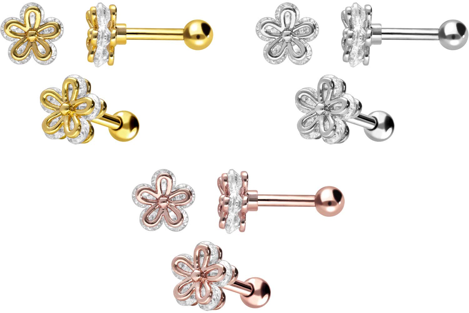 Surgical steel ear piercing FLOWER + CRYSTAL