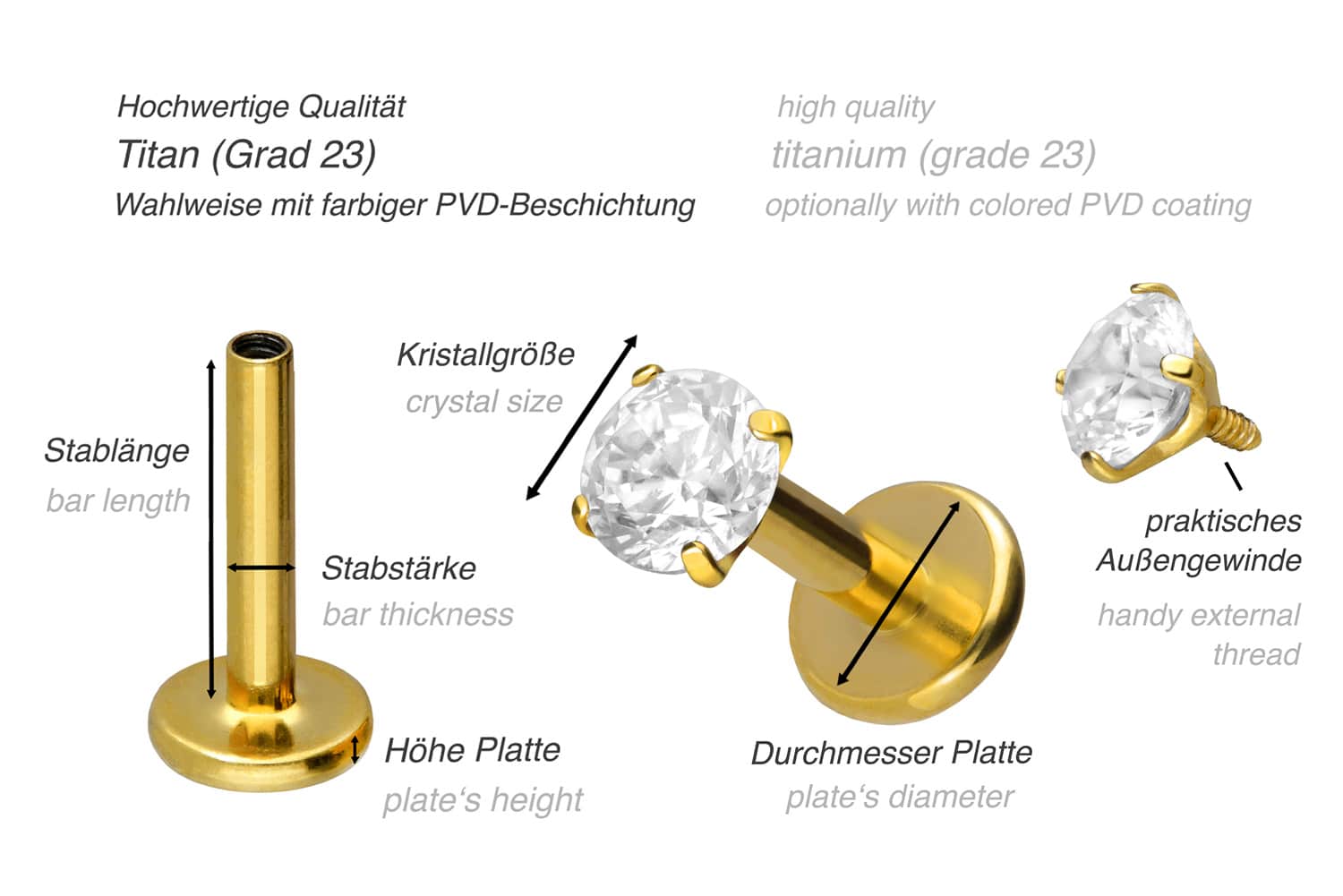 Titan Labret mit Innengewinde EINGEFASSTER KRISTALL