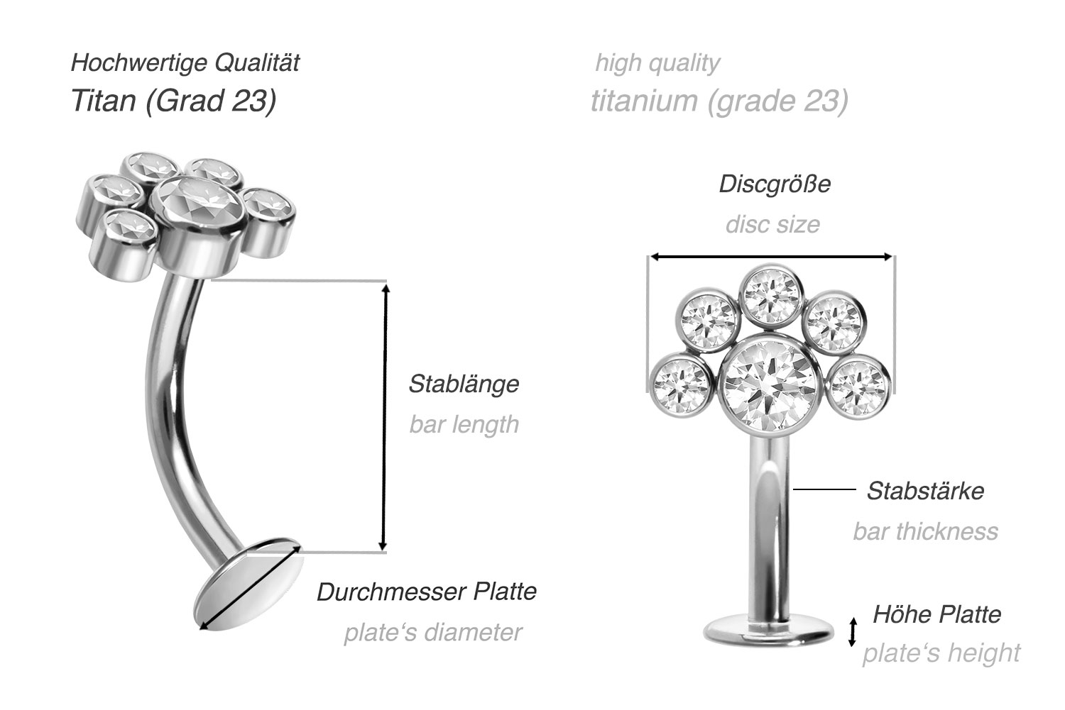 Titan Bauchnabel Labret gebogen mit Push Fit 6 KRISTALLE