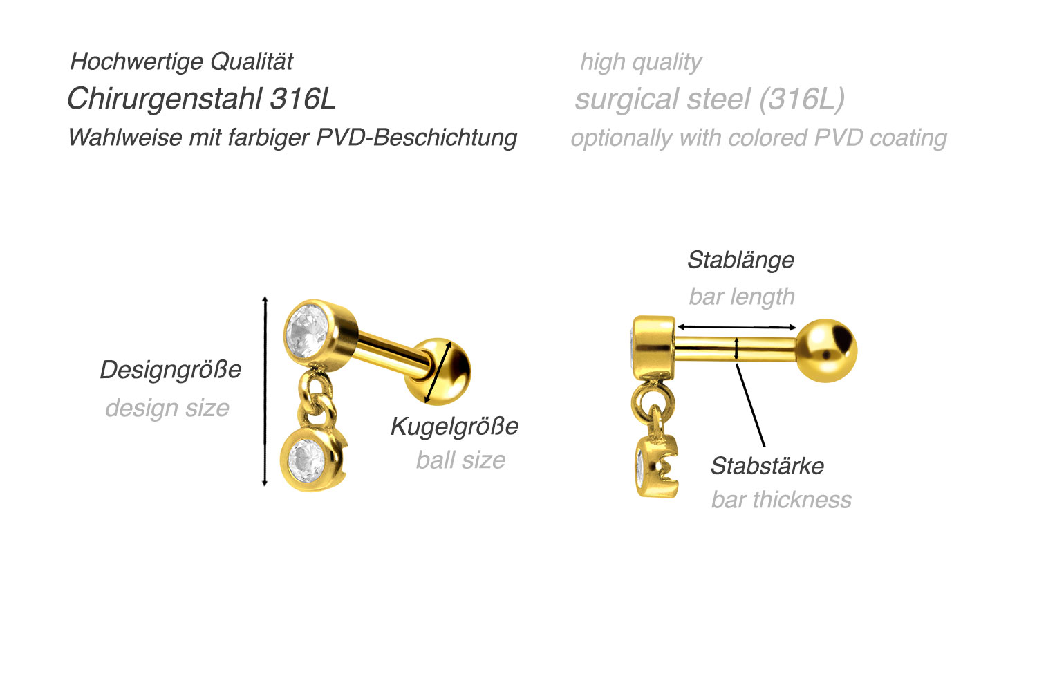 Surgical steel ear piercing 2 CRYSTALS