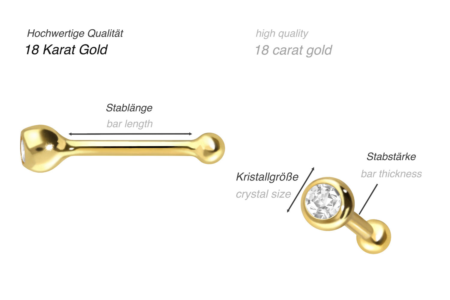 18 Karat Gold Nasenstecker Pin RUNDER KRISTALL