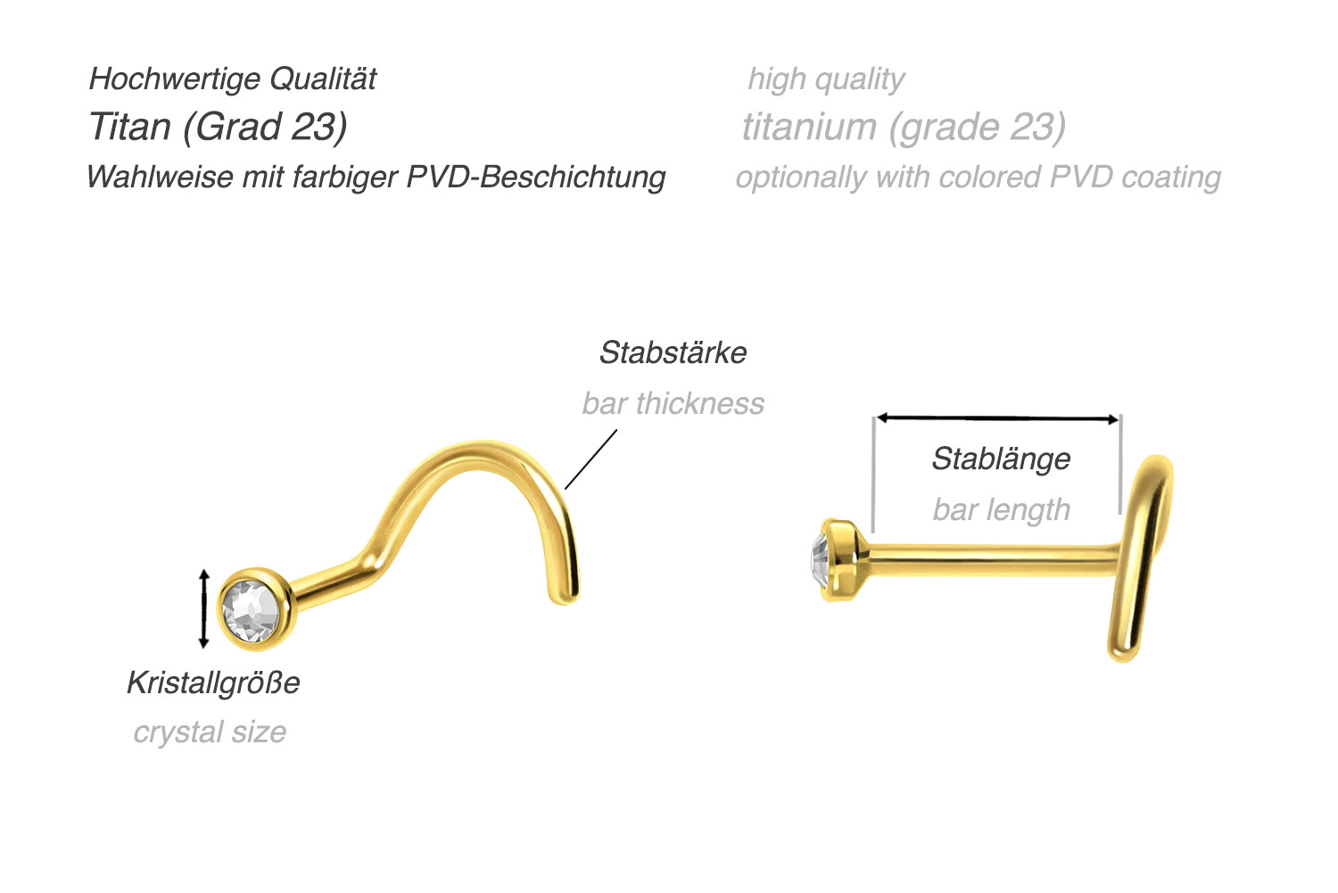 Titanium nose stud spiral FLAT CYSTAL DISC