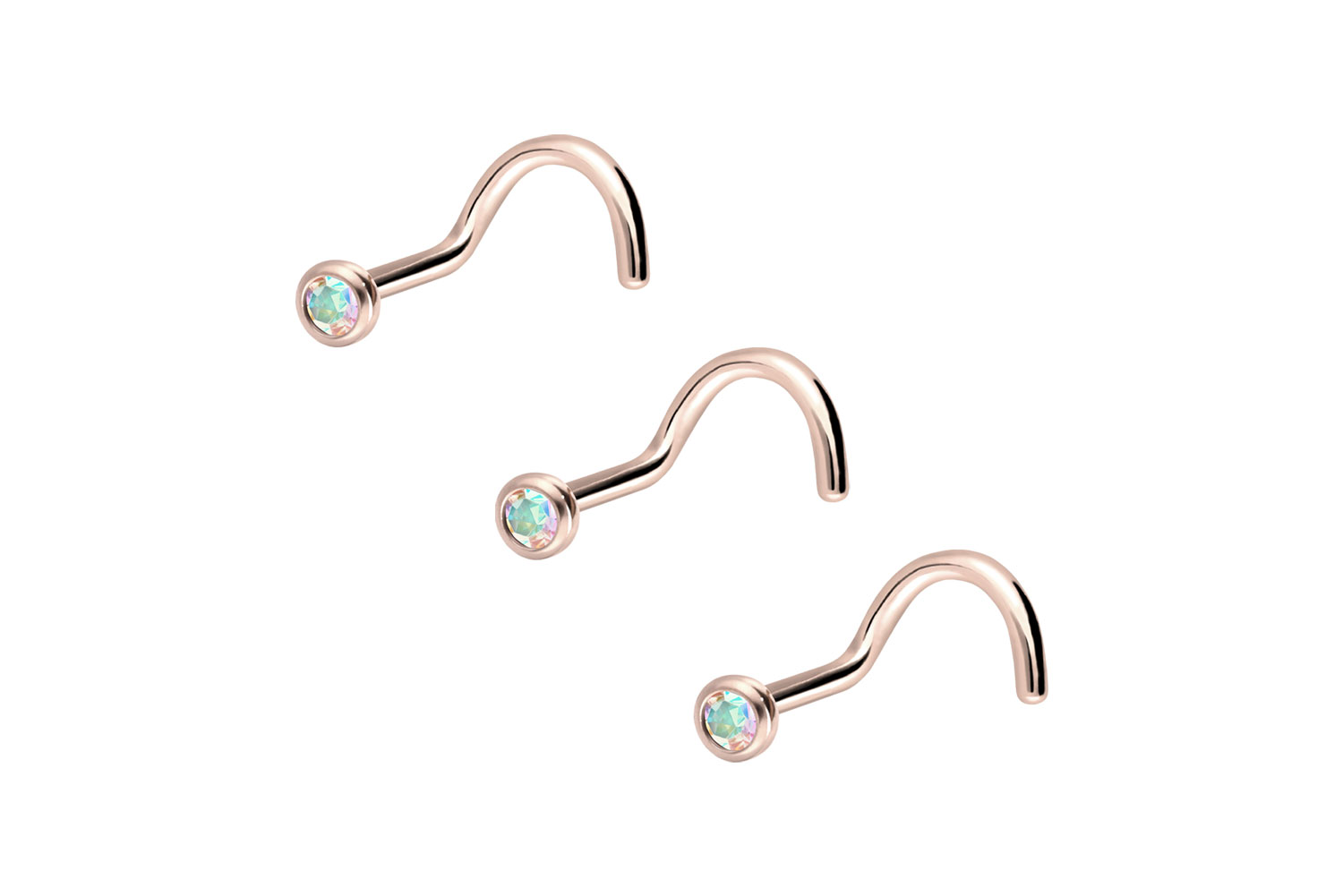 Set of 3 Surgical steel nose stud spiral CRYSTAL