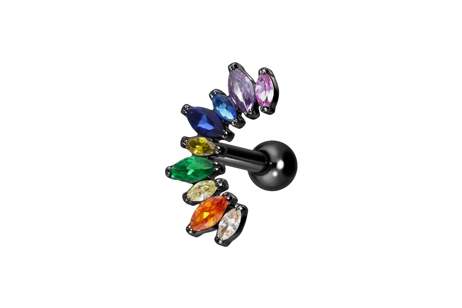 Titanium ear piercing with internal thread MULTICOLORED CRYSTAL ARCH