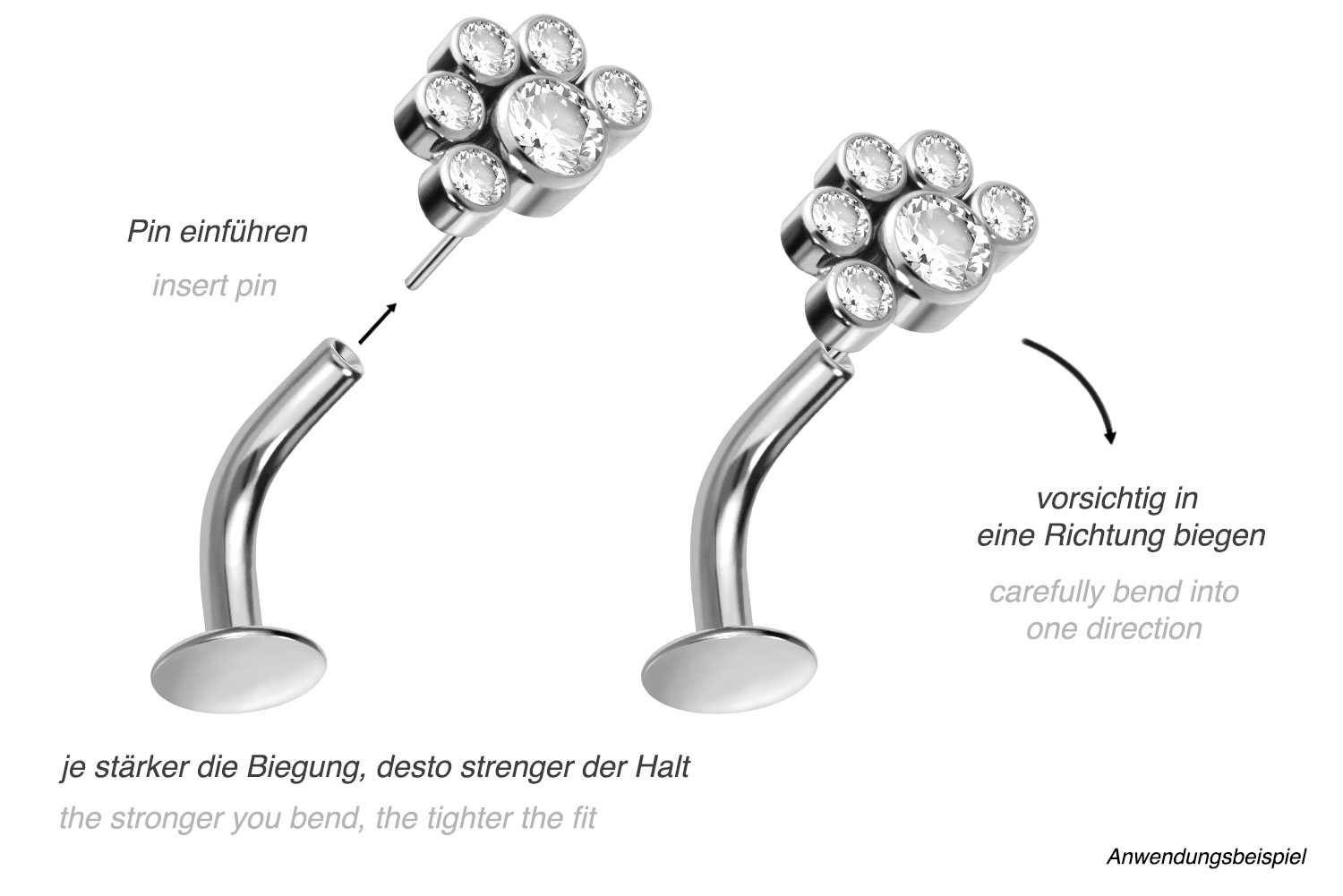 Titan Bauchnabel Labret gebogen mit Push Fit 6 KRISTALLE