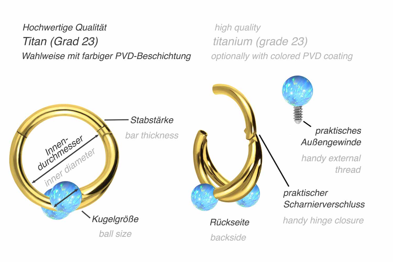 Titan Segmentring Clicker mit Innengewinde 3 RINGE + 2 SYNTHETISCHE OPALE