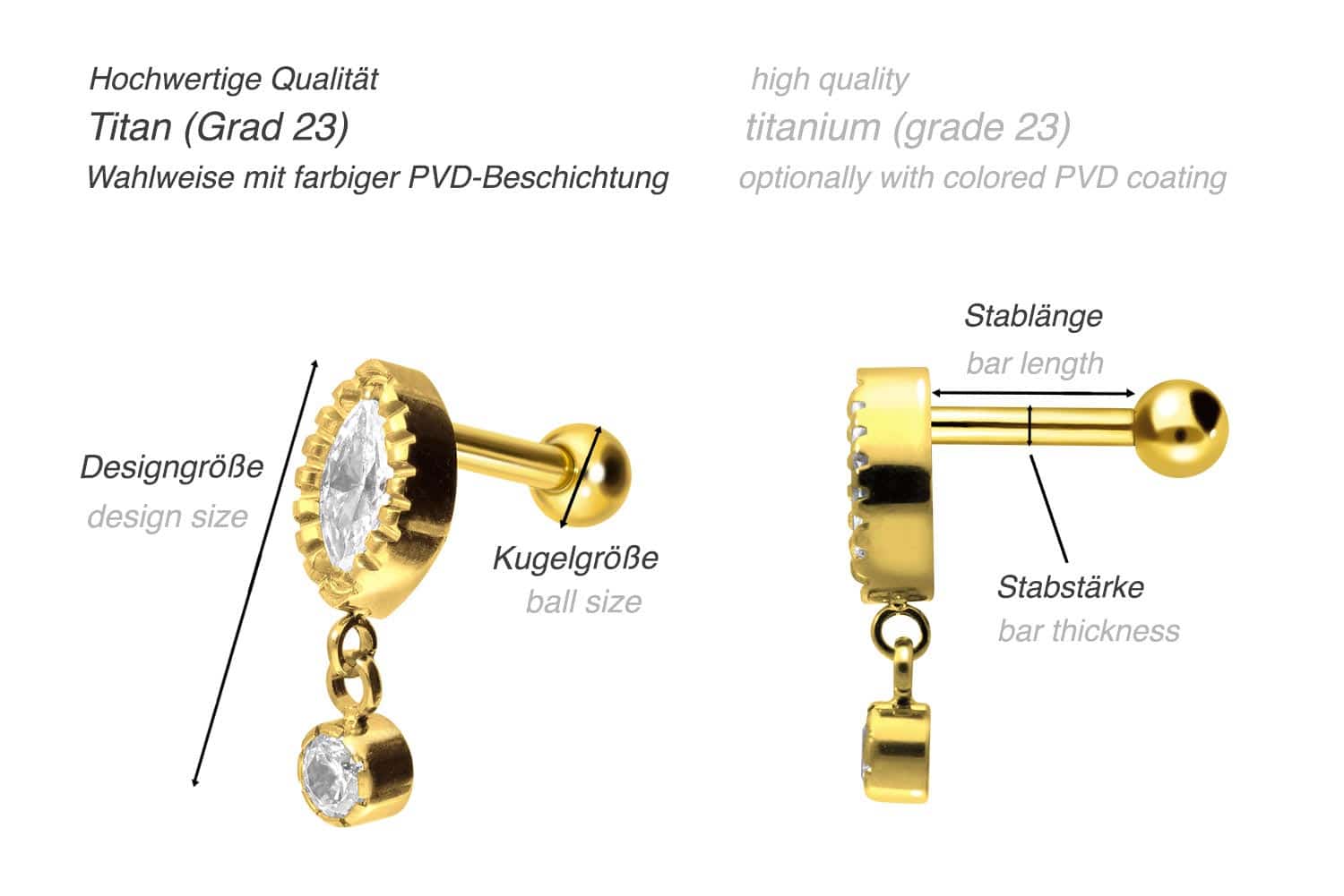 Titan Ohrpiercing KRISTALLTROPFEN + KRISTALL