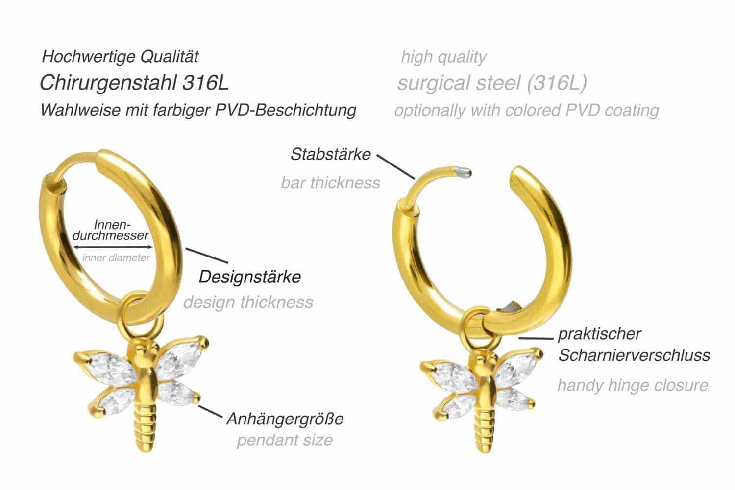 Surgical steel ear clicker creoles DRAGONFLY