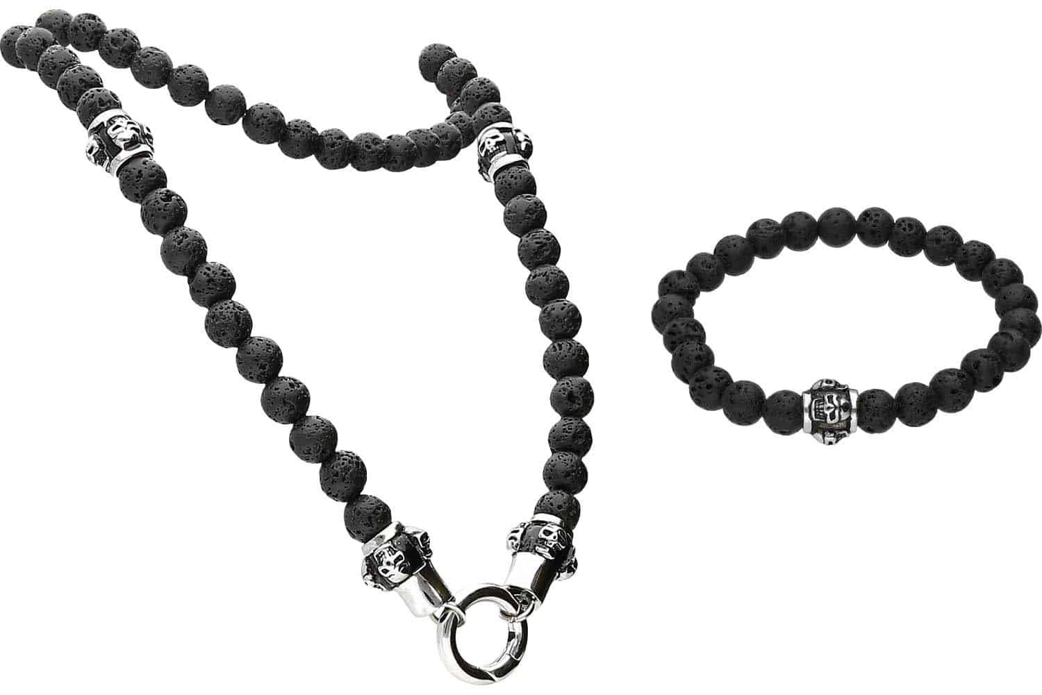 SET Lava stone ball chain + ball bracelet SKULLS