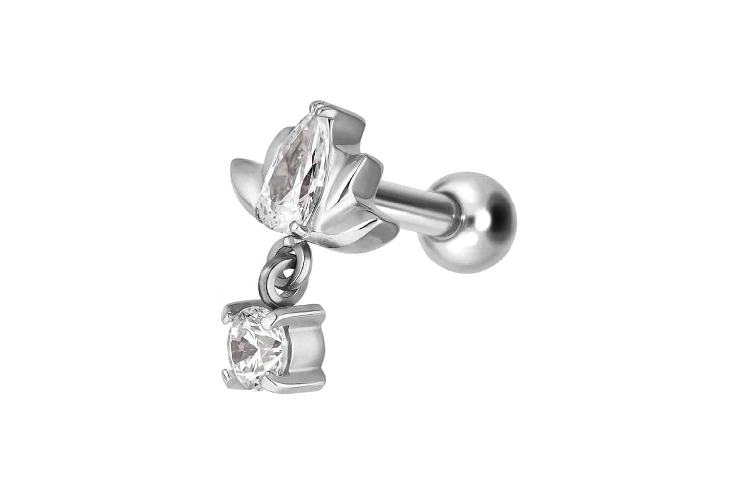 Titanium ear piercing with internal thread LOTUS BLOSSOM + CRYSTAL