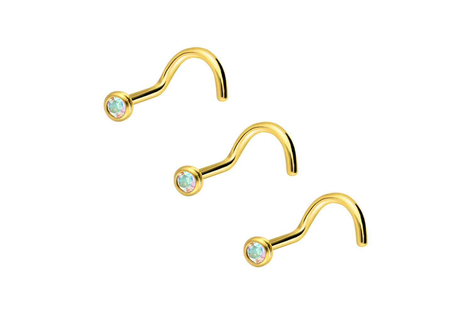 Set of 3 Surgical steel nose stud spiral CRYSTAL