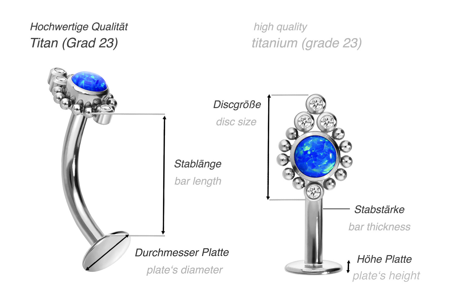 Titan Bauchnabel Labret mit Push Fit SYNTHETISCHER OPAL + 4 KRISTALLE + KUGELN