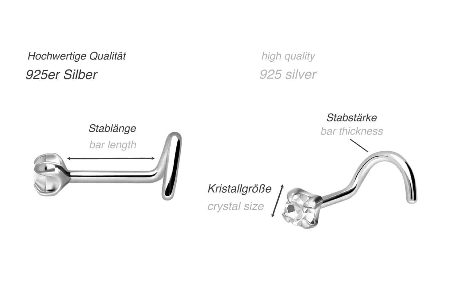 925er Silber Nasenstecker Spirale EINGEFASSTER KRISTALL