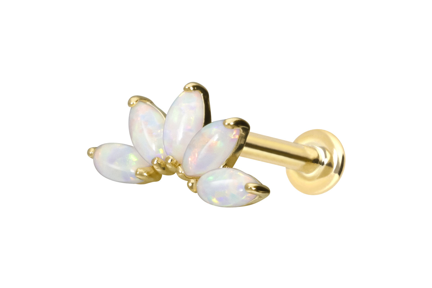 14 carat gold labret with push fit LOTUS BLOSSSOM + SYNTHTHETIC OPALS