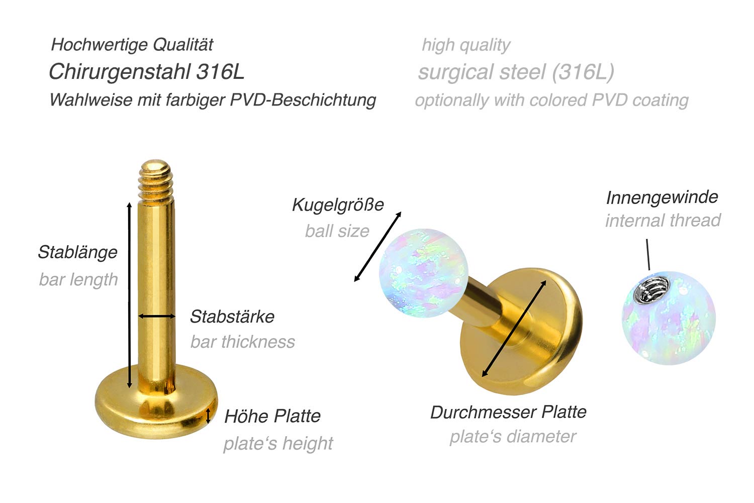 Chirurgenstahl Labret SYNTHETISCHER OPAL